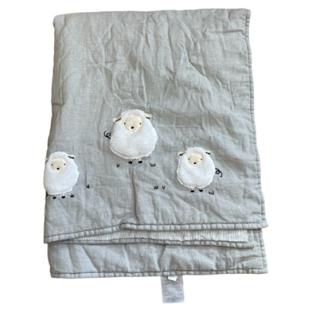 Lambs & Ivy Signature Baby crib blanket grey stripes lambs embroidery linen